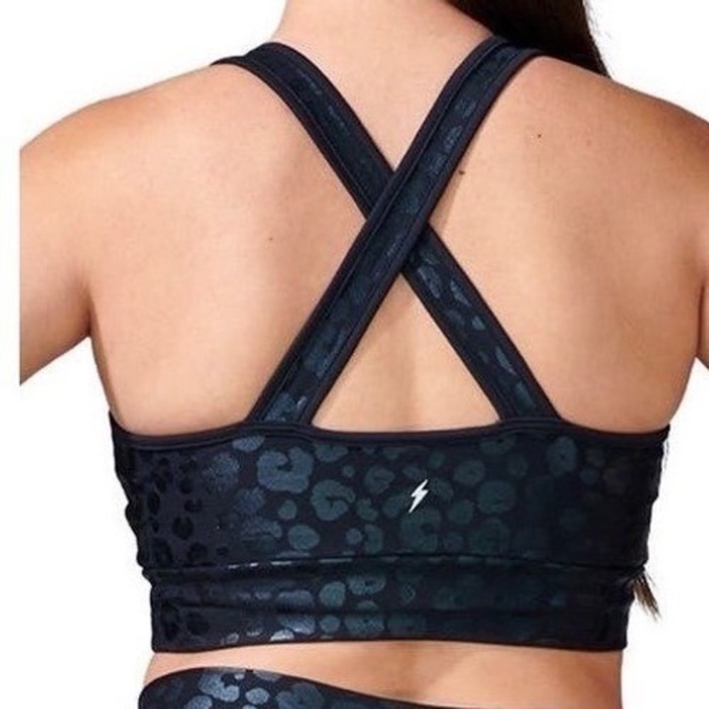 Electric Yoga Black Leopard Independence Foil Print Cross Back Sports Bra Medium